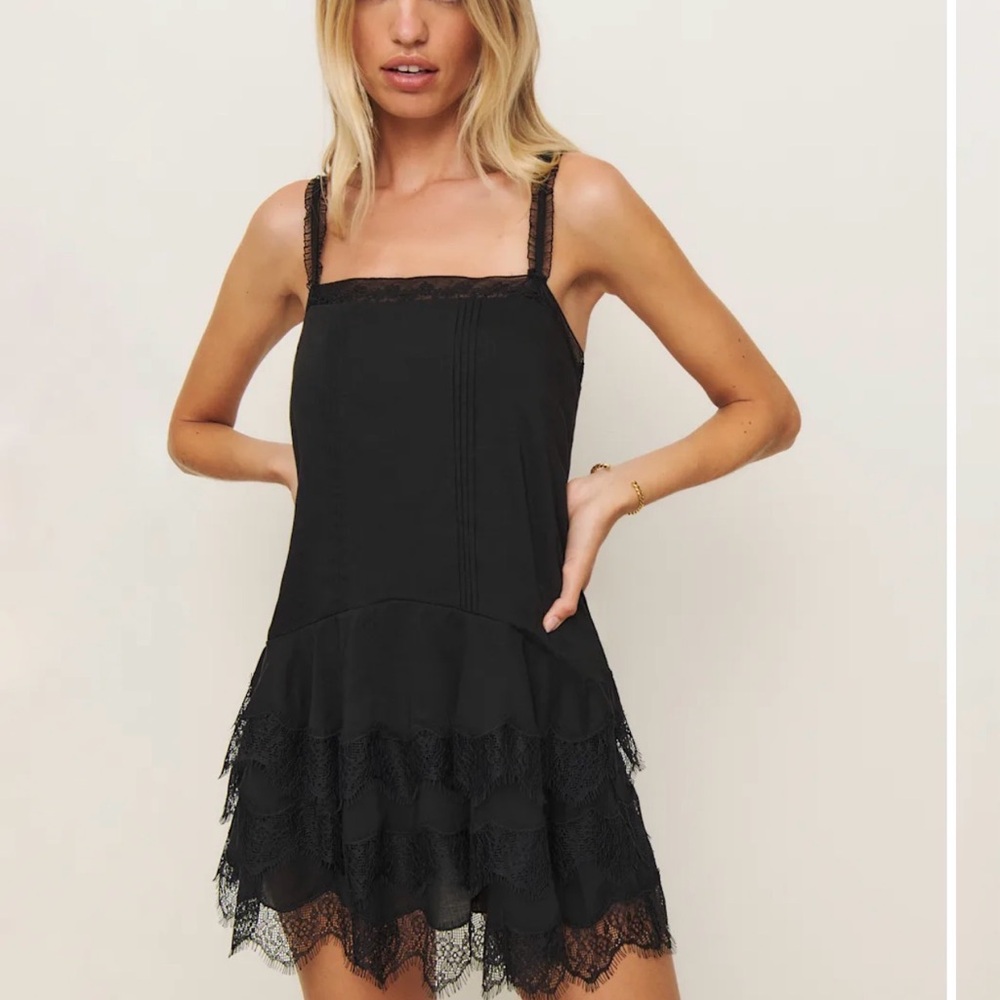 Reformation Cleodora Black Lace Trim Mini Dress